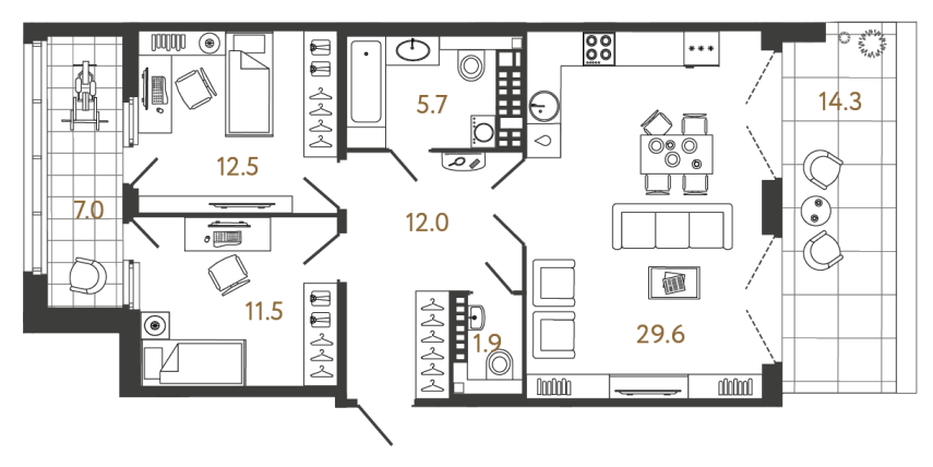 Двухкомнатная квартира №128 в ЖК Миръ - 73.2 м²
