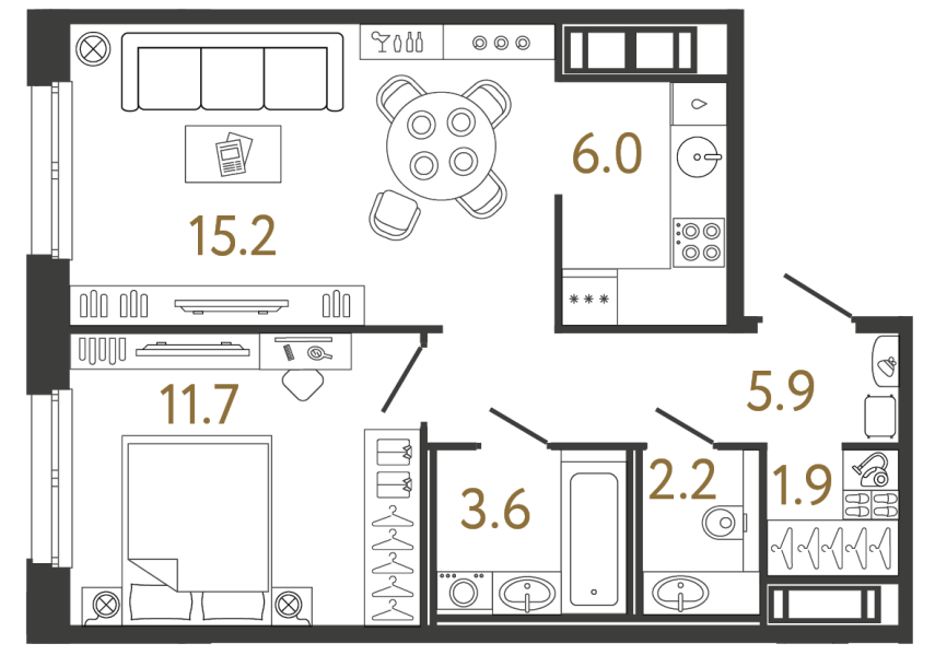 Однокомнатная квартира №107 в ЖК Передвижники - 46.5 м²