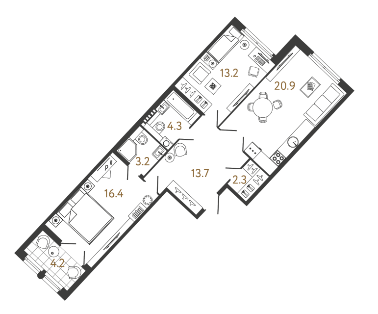 Двухкомнатная квартира №203 в ЖК Миръ - 74 м²