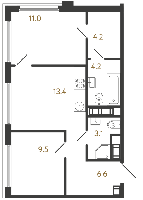 Двухкомнатная квартира №429 в ЖК Гений - 52 м²  - №2