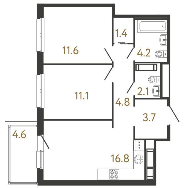 Двухкомнатная квартира №349 в ЖК Передвижники - 55.7 м²  - №2
