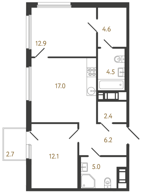 Двухкомнатная квартира №901 в ЖК Гений - 64.7 м²  - №2