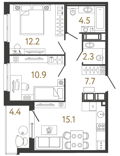 Двухкомнатная квартира №138 в ЖК Передвижники - 52.7 м²