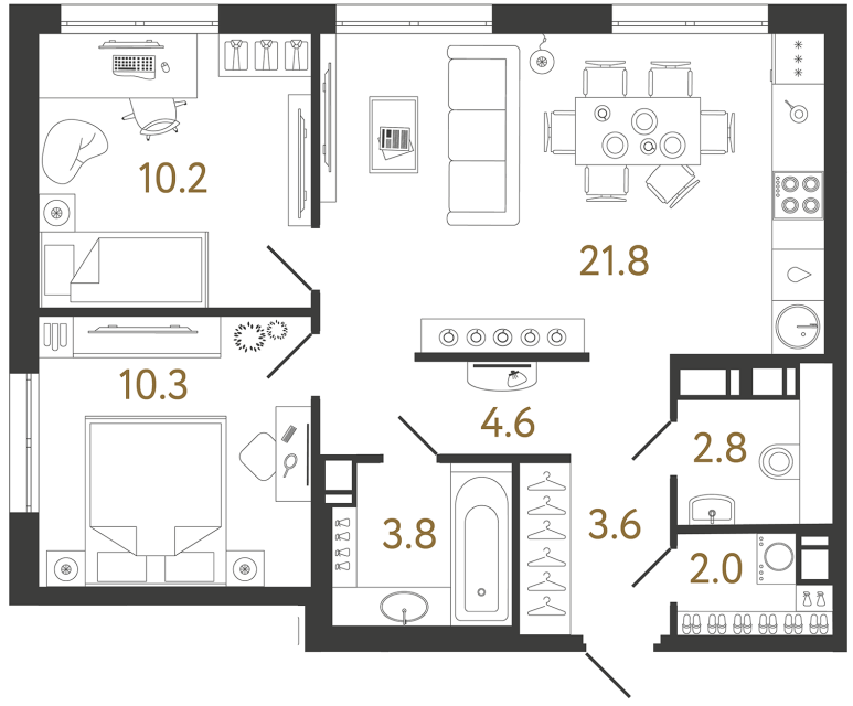 Двухкомнатная квартира №198 в ЖК Струны - 59.1 м²