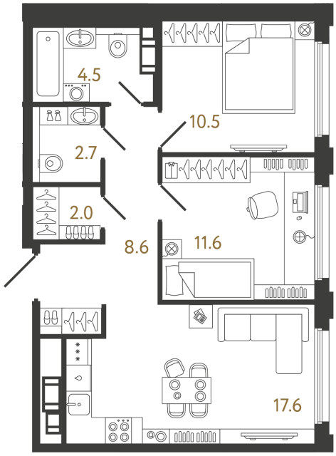 Двухкомнатная квартира №1028 в ЖК Гений - 57.5 м²