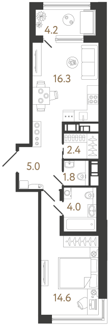 Однокомнатная квартира №76 в ЖК Передвижники 2 - 44.1 м²