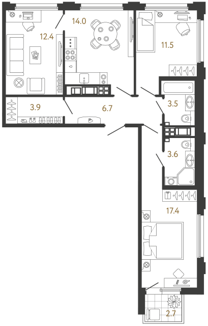 Трёхкомнатная квартира №744 в ЖК Гений - 73 м²