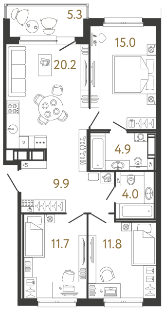 Трёхкомнатная квартира №115 в ЖК Передвижники - 77.5 м²