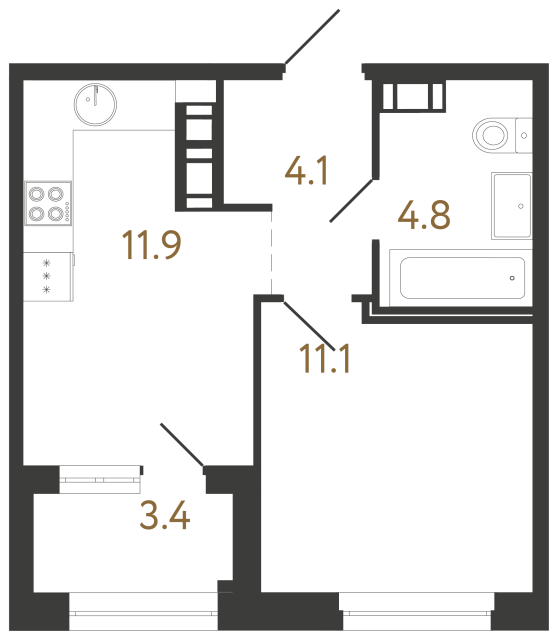Однокомнатная квартира №291 в ЖК Куинджи - 31.9 м²  - №2