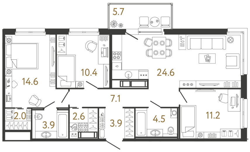 Трёхкомнатная квартира №208 в ЖК Передвижники - 84.8 м²