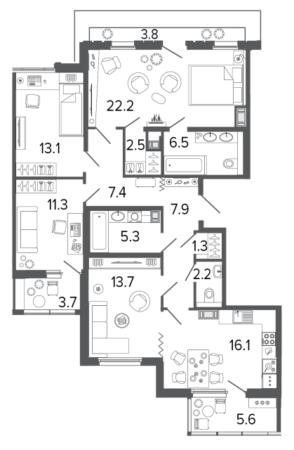 Четырехкомнатная квартира №210 в ЖК Созидатели - 109.5 м²