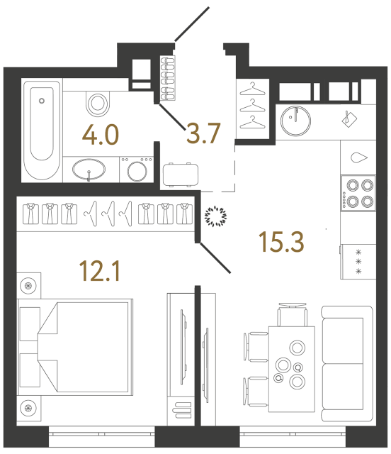 Однокомнатная квартира №232 в ЖК Струны - 35.1 м²
