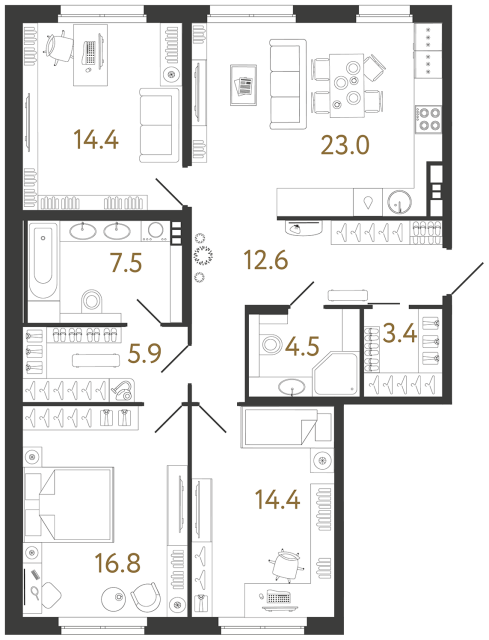 Трёхкомнатная квартира №218 в ЖК Визионер - 102.5 м²