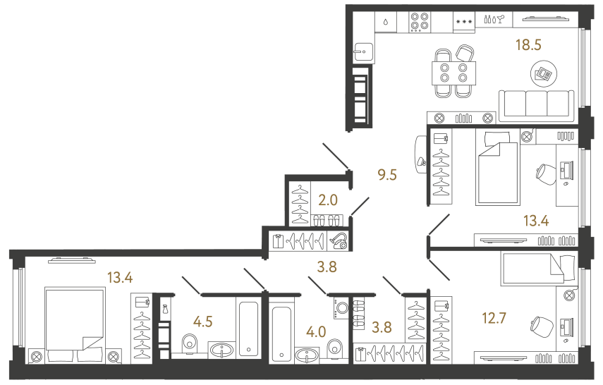 Трёхкомнатная квартира №395 в ЖК Гений - 85.6 м²