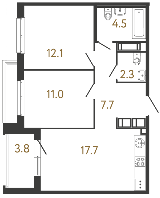 Двухкомнатная квартира №113 в ЖК Передвижники - 55.3 м²  - №2