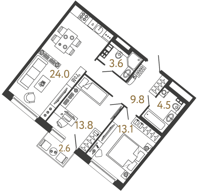 Двухкомнатная квартира №67 в ЖК Цвет Зеленогорска - 68.8 м²