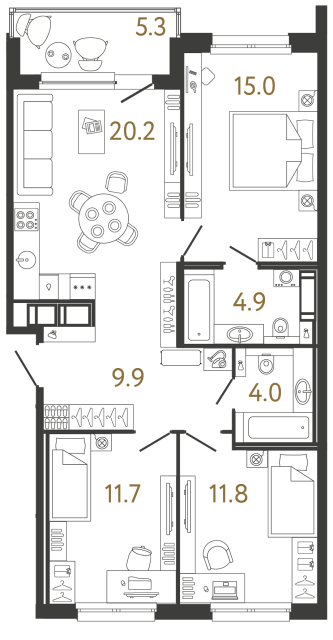 Трёхкомнатная квартира №105 в ЖК Передвижники - 77.5 м²