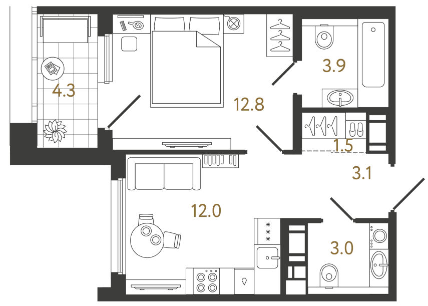 Однокомнатная квартира №383 в ЖК Гений - 36.3 м²