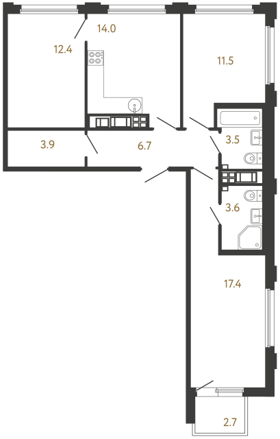 Трёхкомнатная квартира №744 в ЖК Гений - 73 м²  - №2