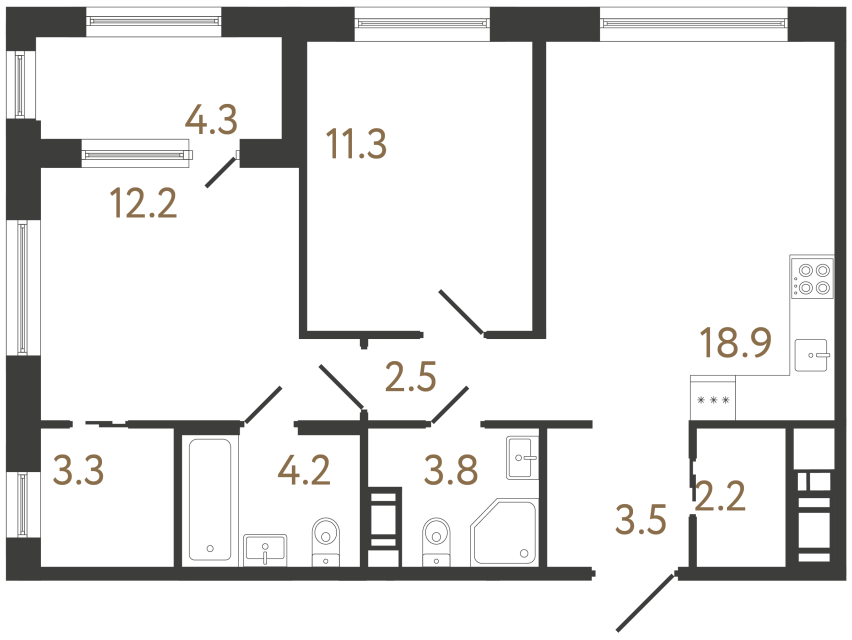 Двухкомнатная квартира №18 в ЖК Передвижники 2 - 61.9 м²  - №2