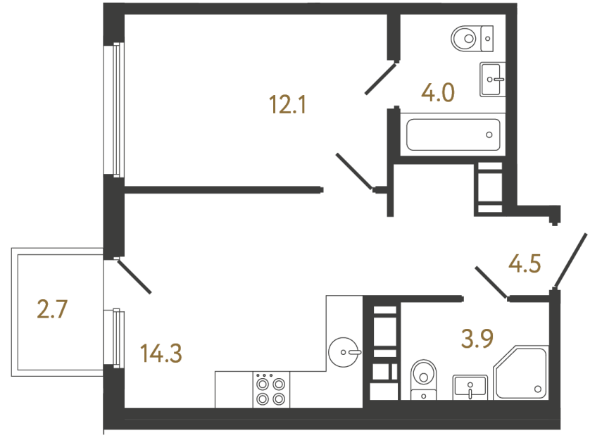Однокомнатная квартира №907 в ЖК Гений - 38.8 м²  - №2