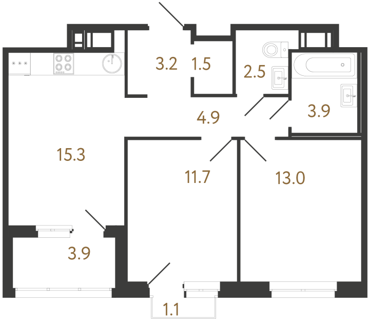 Двухкомнатная квартира №153 в ЖК Литера - 56 м²  - №2