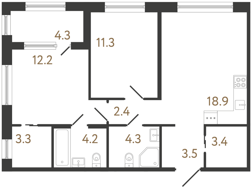 Двухкомнатная квартира №5 в ЖК Передвижники 2 - 63.5 м²  - №2