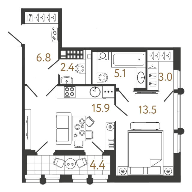 Однокомнатная квартира №124 в ЖК Миръ - 46.7 м²