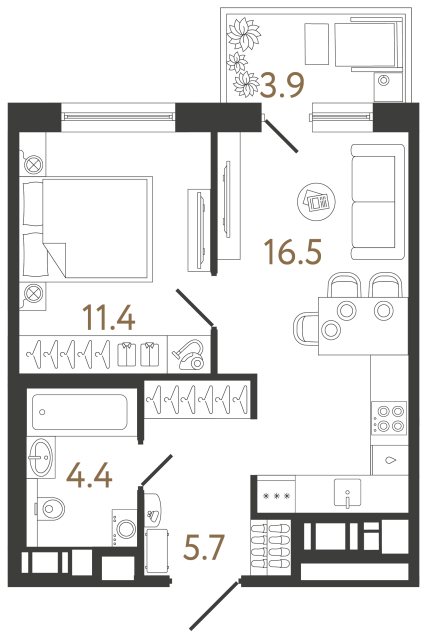 Однокомнатная квартира №74 в ЖК Передвижники 2 - 38 м²