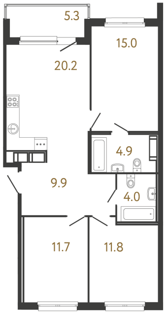Трёхкомнатная квартира №110 в ЖК Передвижники - 77.5 м²  - №2
