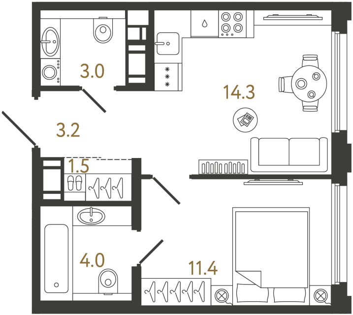 Однокомнатная квартира №825 в ЖК Гений - 37.4 м²