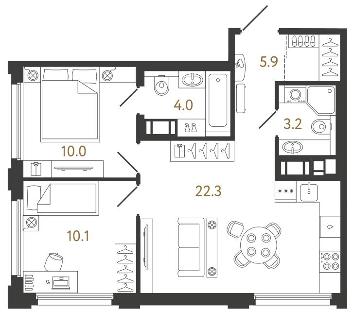 Двухкомнатная квартира №221 в ЖК Гений - 64.7 м²