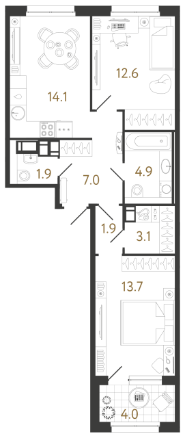 Двухкомнатная квартира №900 в ЖК Струны 2 оч. - 59.2 м²