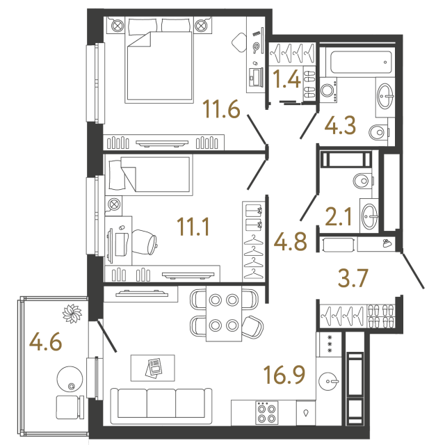Двухкомнатная квартира №293 в ЖК Передвижники - 55.9 м²