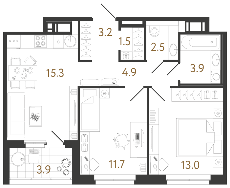 Двухкомнатная квартира №183 в ЖК Литера - 56 м²