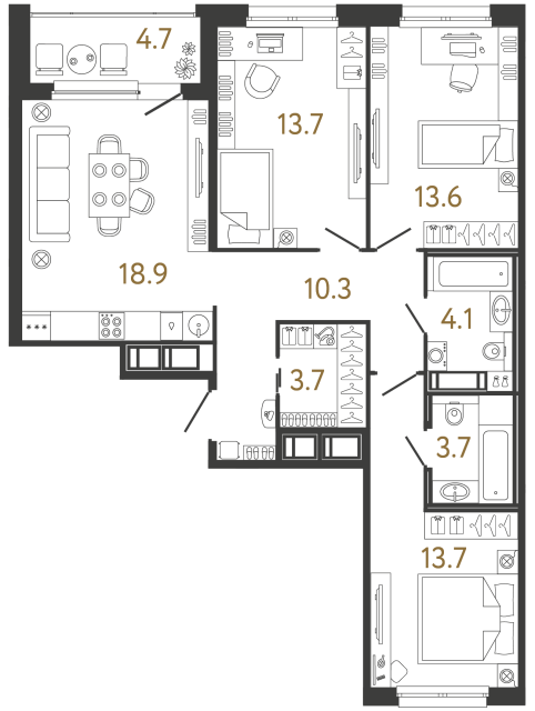 Трёхкомнатная квартира №155 в ЖК Передвижники - 81.7 м²