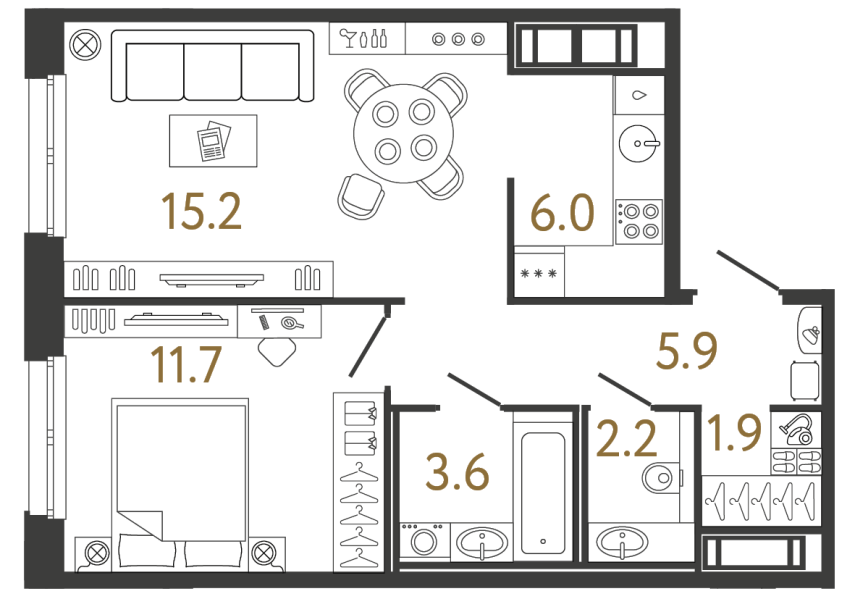 Однокомнатная квартира №112 в ЖК Передвижники - 46.5 м²