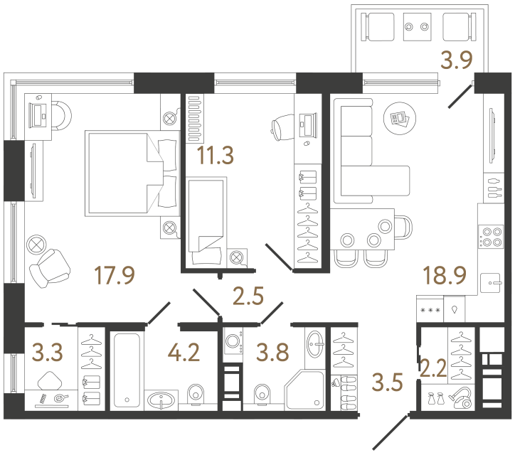 Двухкомнатная квартира №122 в ЖК Передвижники 2 - 67.6 м²