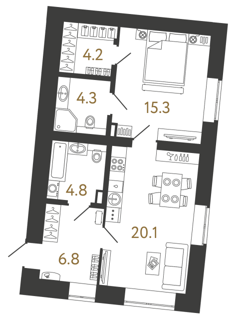 Однокомнатные апартаменты №158 в ЖК Типография - 55.5 м²
