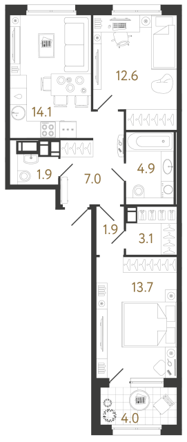 Двухкомнатная квартира №905 в ЖК Струны 2 оч. - 59.2 м²