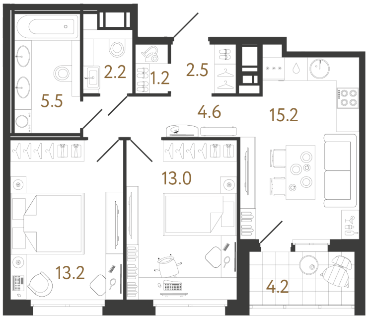 Двухкомнатная квартира №21 в ЖК Литера - 57.4 м²