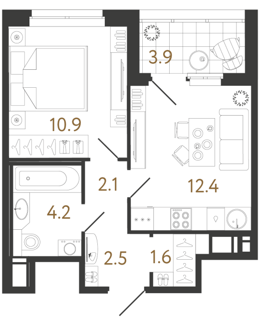 Однокомнатная квартира №186 в ЖК Литера - 33.6 м²