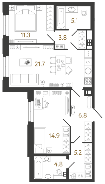 Двухкомнатная квартира №35 в ЖК Коллекционер - 73.6 м²