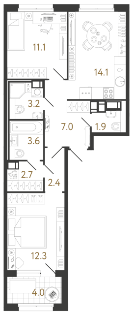 Двухкомнатная квартира №987 в ЖК Струны 2 оч. - 58.3 м²