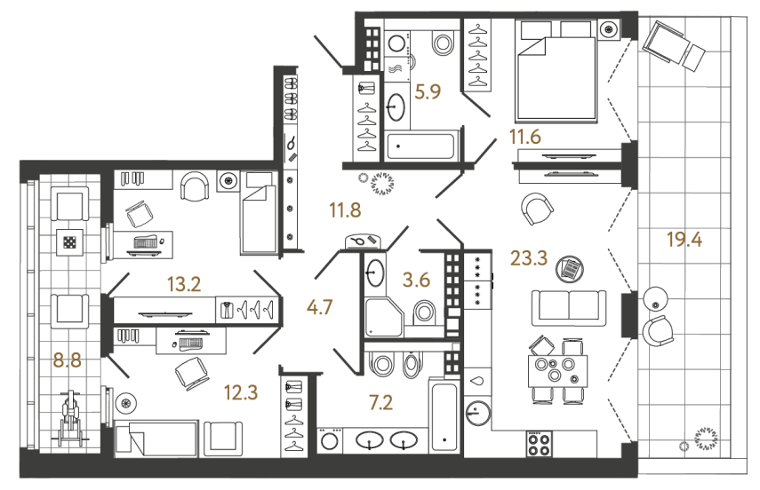 Трёхкомнатная квартира №52 в ЖК Миръ - 93.6 м²