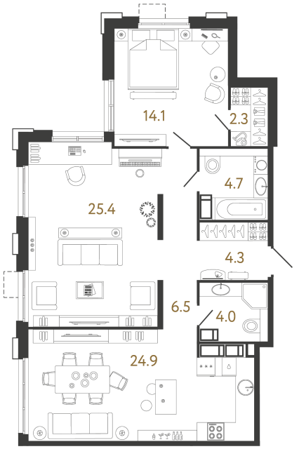 Двухкомнатная квартира №712 в ЖК Струны 2 оч. - 86.2 м²