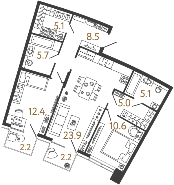 Двухкомнатная квартира №50 в ЖК Цвет Зеленогорска - 76.3 м²