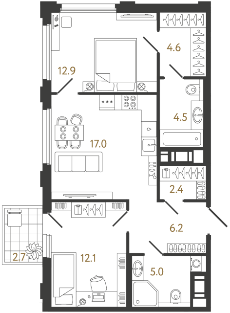 Двухкомнатная квартира №839 в ЖК Гений - 64.7 м²