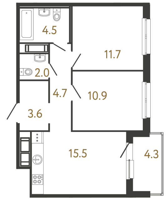 Двухкомнатная квартира №288 в ЖК Передвижники - 52.9 м²  - №2