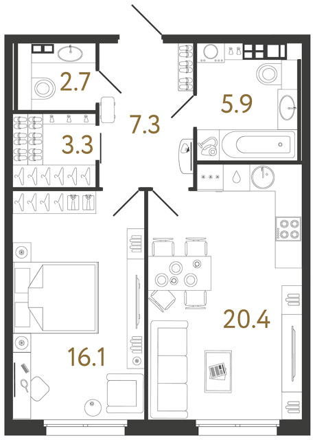 Однокомнатная квартира №175 в ЖК Визионер - 55.7 м²